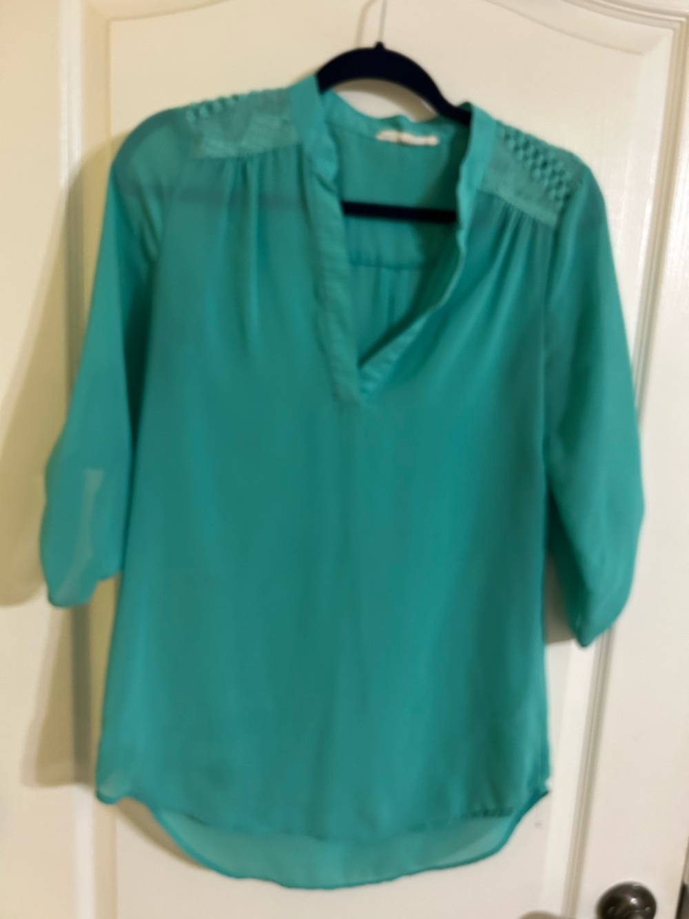 Wishful Park Teal Split-Neck Blouse with Crochet Shoulders Small